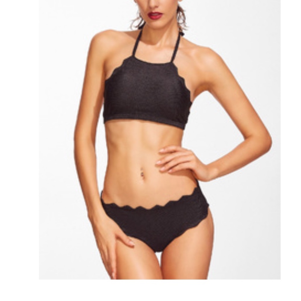 Black scalloped trim halter bikini set